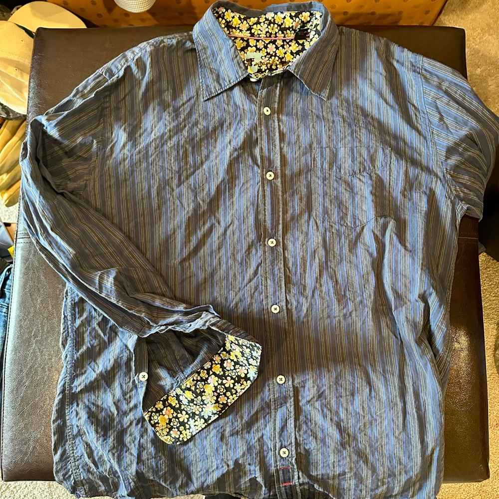 7 For All Mankind Long Sleeve Striped Blue Button-Up Shirt with Floral Accents
